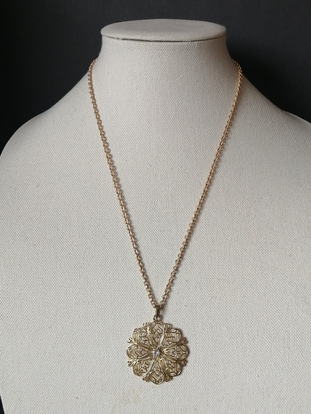 Floral Filigree Goldtone Pendant with Clear Crystal Center ChainNecklace